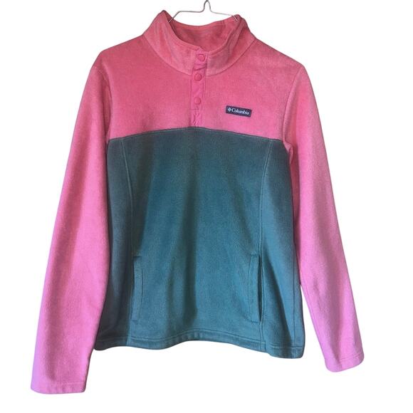 Pink Green Fleece Columbia Quarter Snap Up Jacket Youth XL 18/20 Pullover - Picture 1 of 7